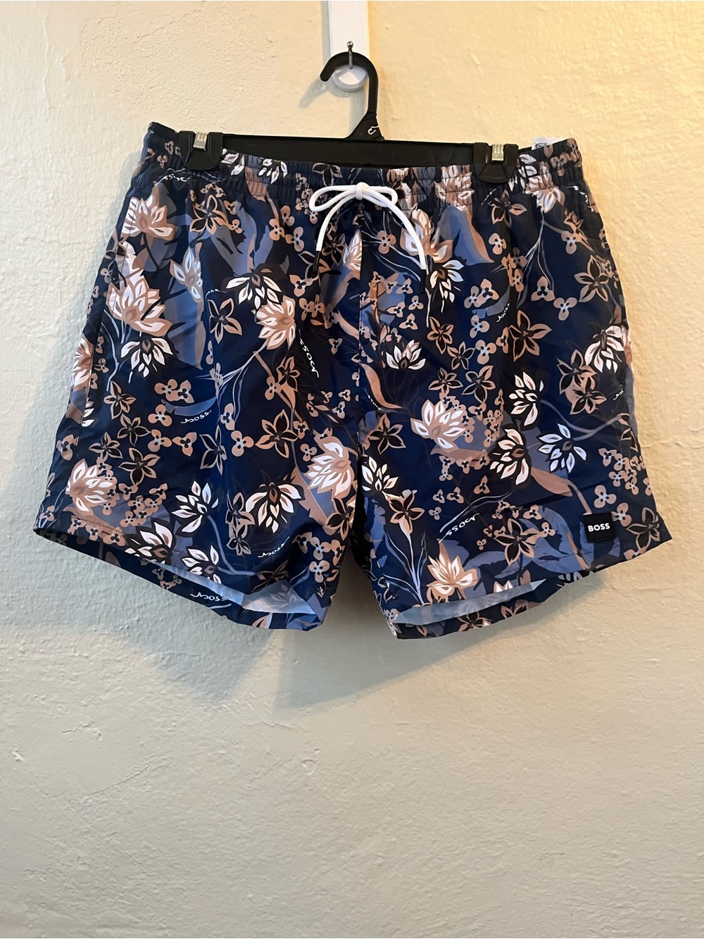 Boss Men's Navy Floral Board Shorts with Beige Accents